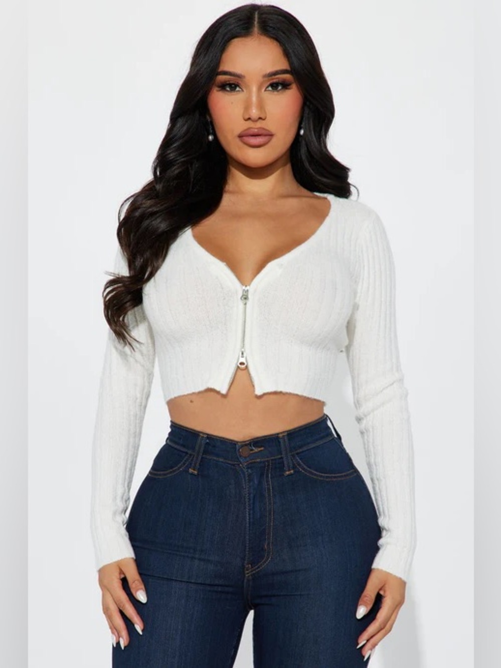 Fashion Nova Cropped White Ribbed Zip-Front Cardigan Top Size M